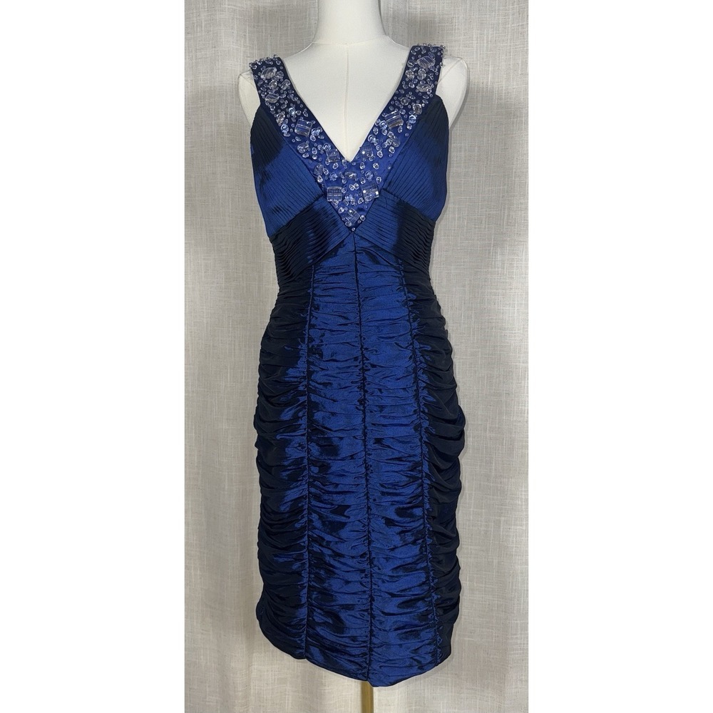 Sue Wong Women's Dress V-Neck Blue Embellishment Ruched Satin Sleeveless Size 4